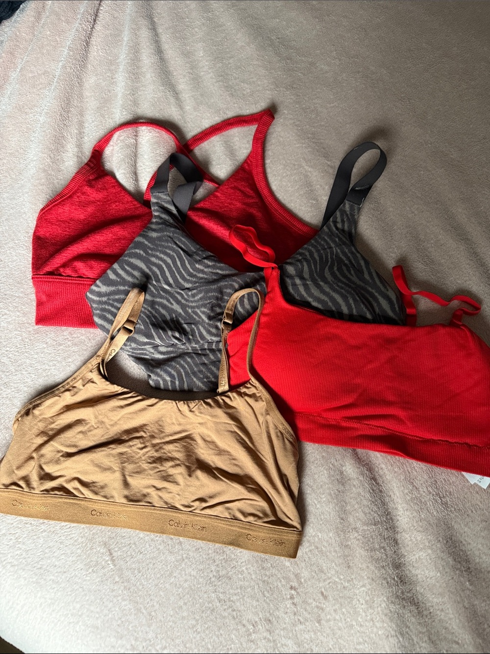 4 Wireless Bralette/Sports Bra Lot - Red, Tan, Gray Zebra